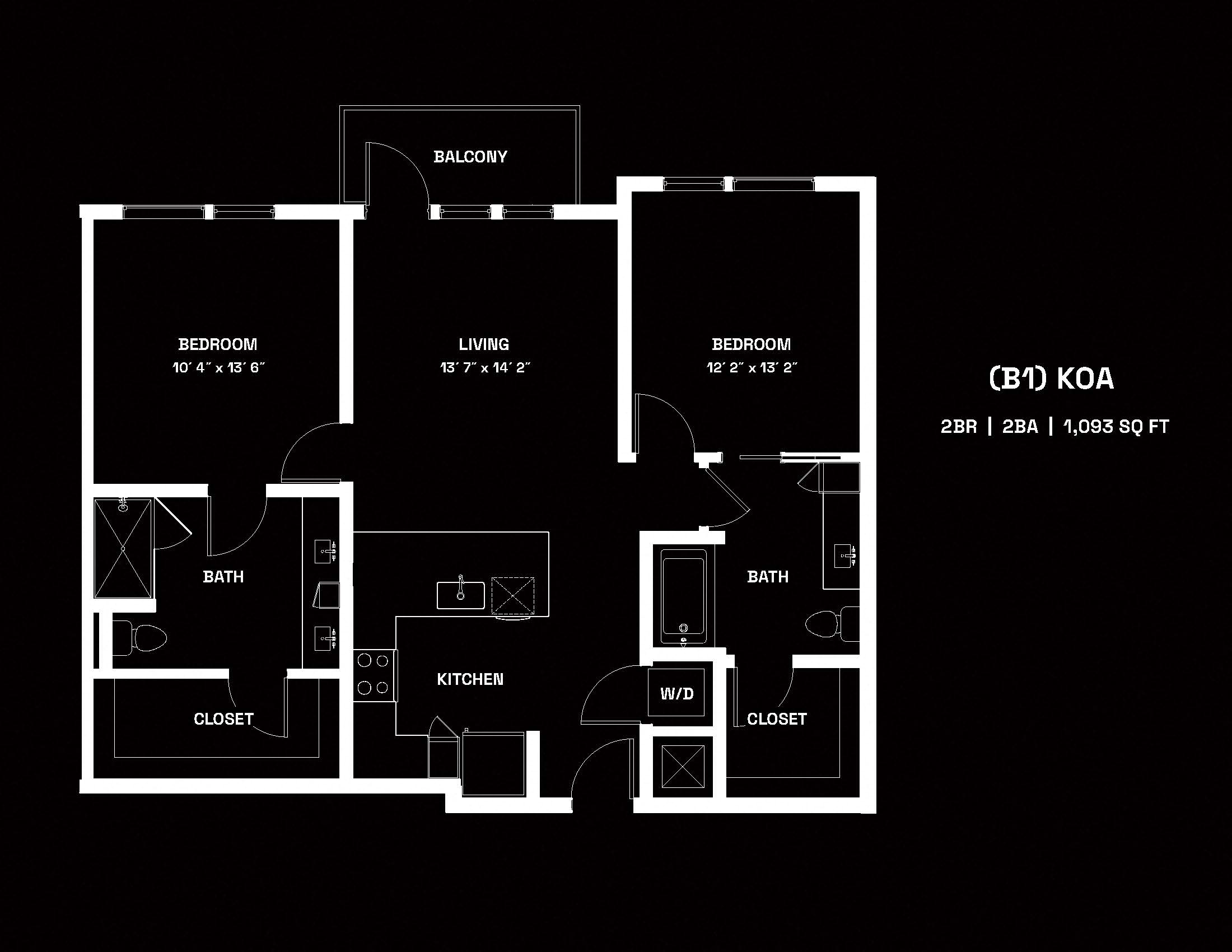 Floor plan for 2 beds, 2 baths, 1093 sqft